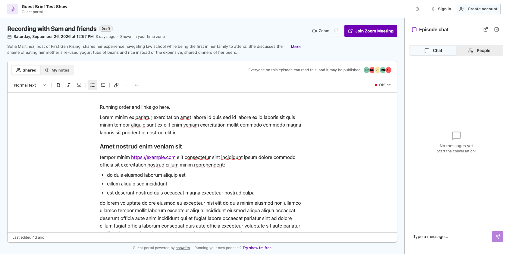 The show.fm Guest Portal page where podcast guests can access show notes, recording links, and live chat to support the podcast production. 